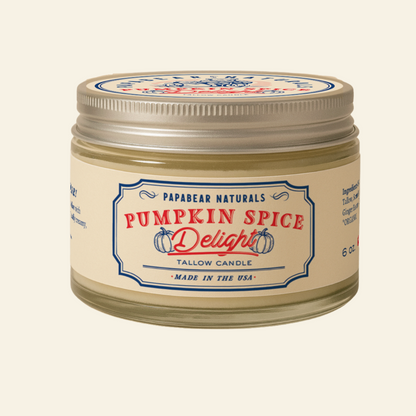 Pumpkin spice candle jar with decorative label on a white background