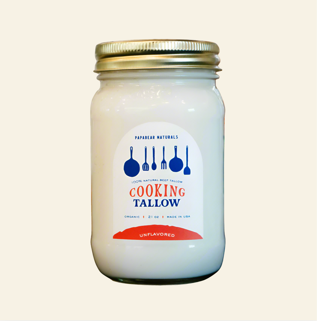 Jar of cooking tallow with a label on a white background