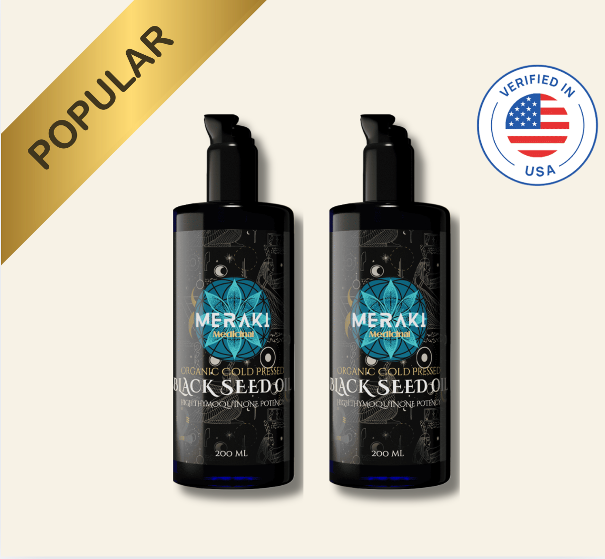 Two bottles of Meraki Black Seed Oil on a light gray background with a &