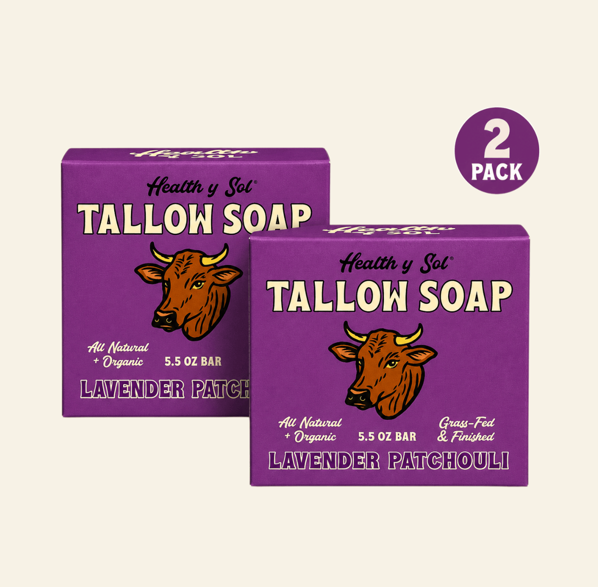 Health y Sol Bar Soap Two Pack Lavender Patchouli Grass-Fed Tallow Bar Soap 5.5 oz
