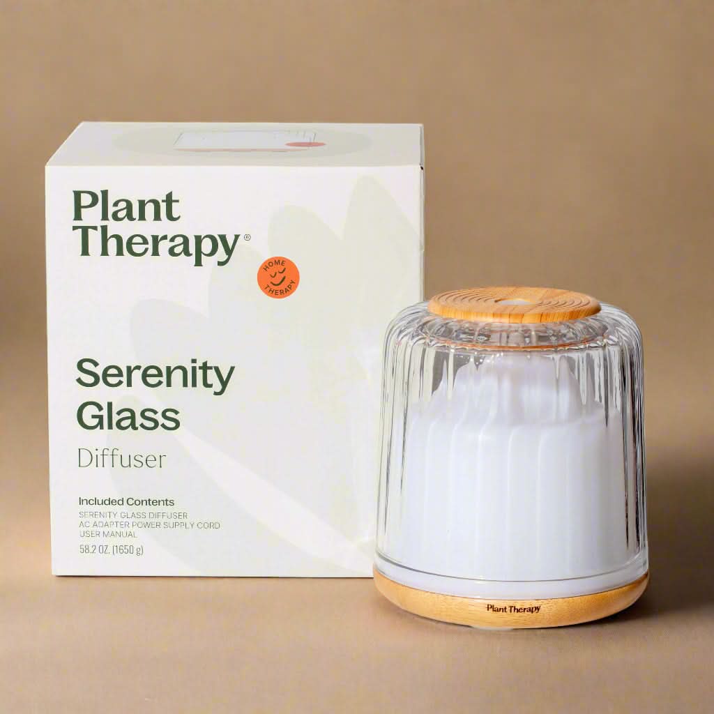 Plant Therapy Serenity Glass Diffuser with packaging on a white background