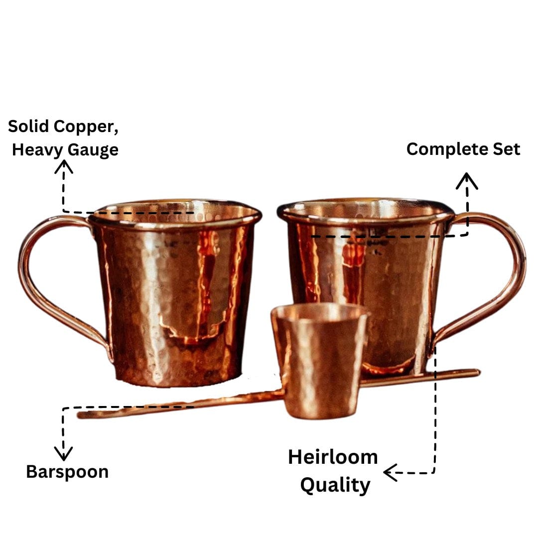 Copper mug set with a spoon on a white background, labeled for features.