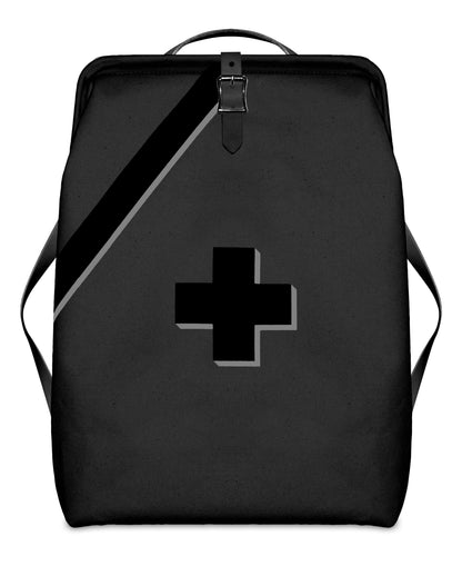 A black backpack with a diagonal gray stripe and a gray 3D-effect medical-style cross on the front, shown against a plain white background.
