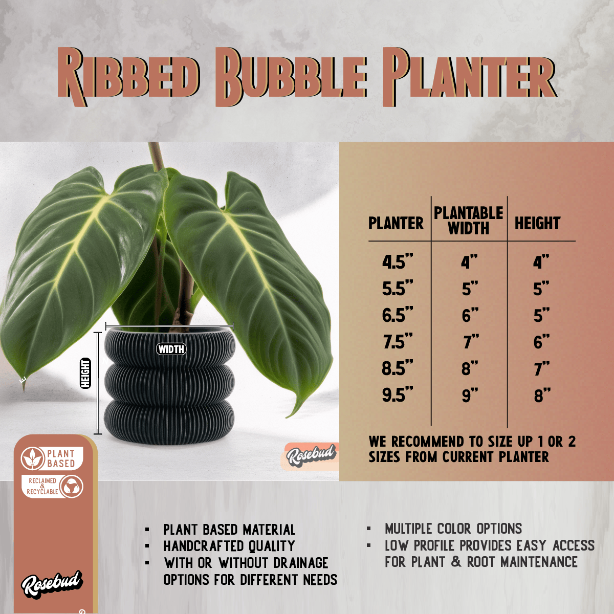 Rosebud HomeGoods Planter Ribbed Bubble Plant Pot With Drainage and Saucer