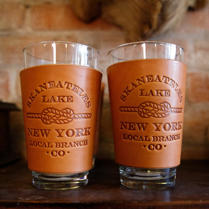 The Local Branch Leather Skaneateles Knot / Caramel Leather Pint Glass  - USA Made