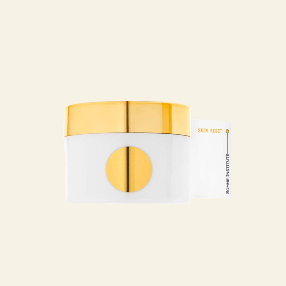 White and gold jar with a brand name on a white background