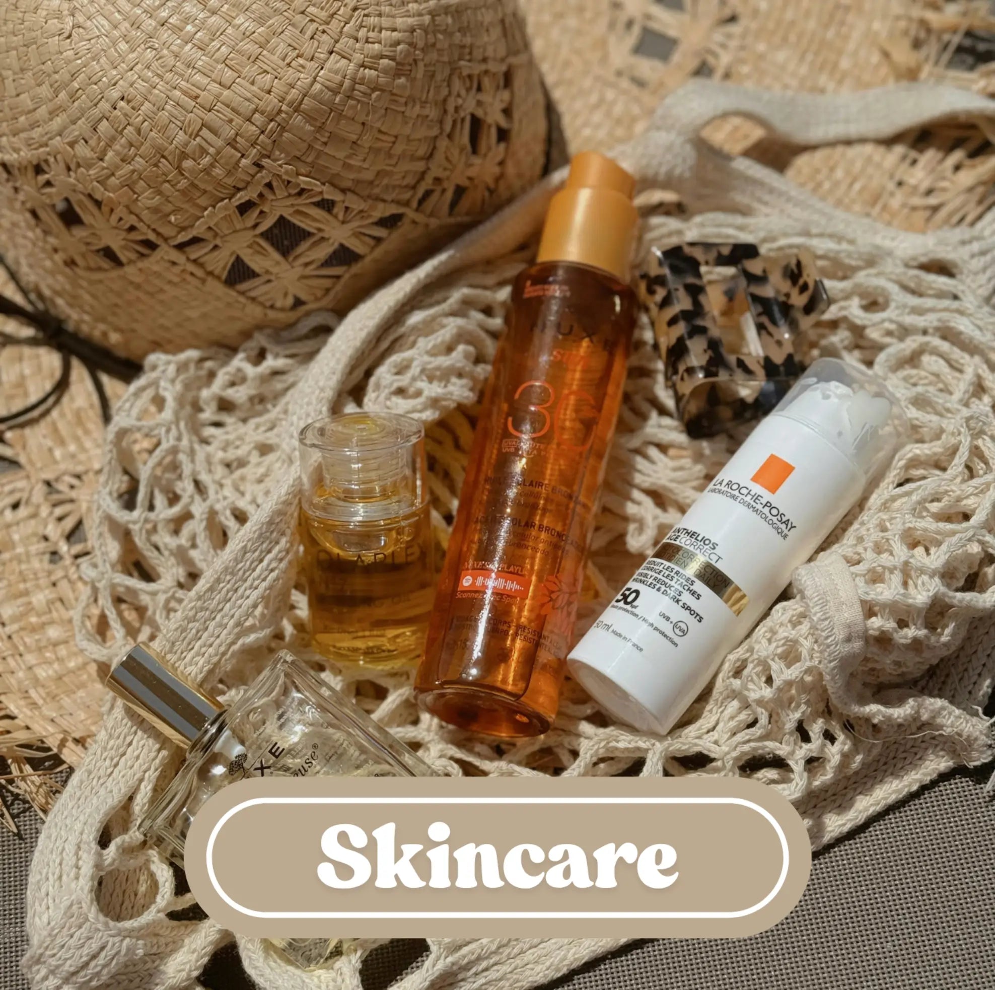 Skincare products on a textured surface with 'Skincare' label