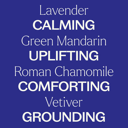 Sleep Easy Essential Oil Blend Set key features. Lavender essential oil is calming, green mandarin essential oil is uplifting, roman chamomile essential oil is comforting, and vetiver essential oil is grounding