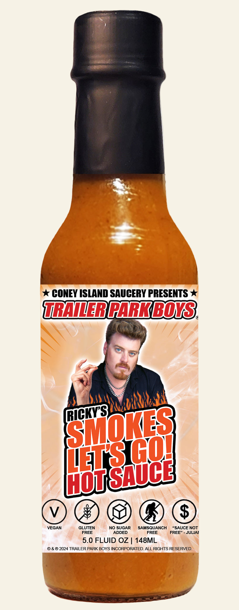 Hot sauce bottle with a person on the label against a white background
