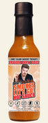Hot sauce bottle with a person on the label against a white background