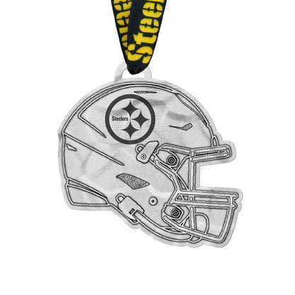 Metallic helmet-shaped pendant with Steelers logo on a white background