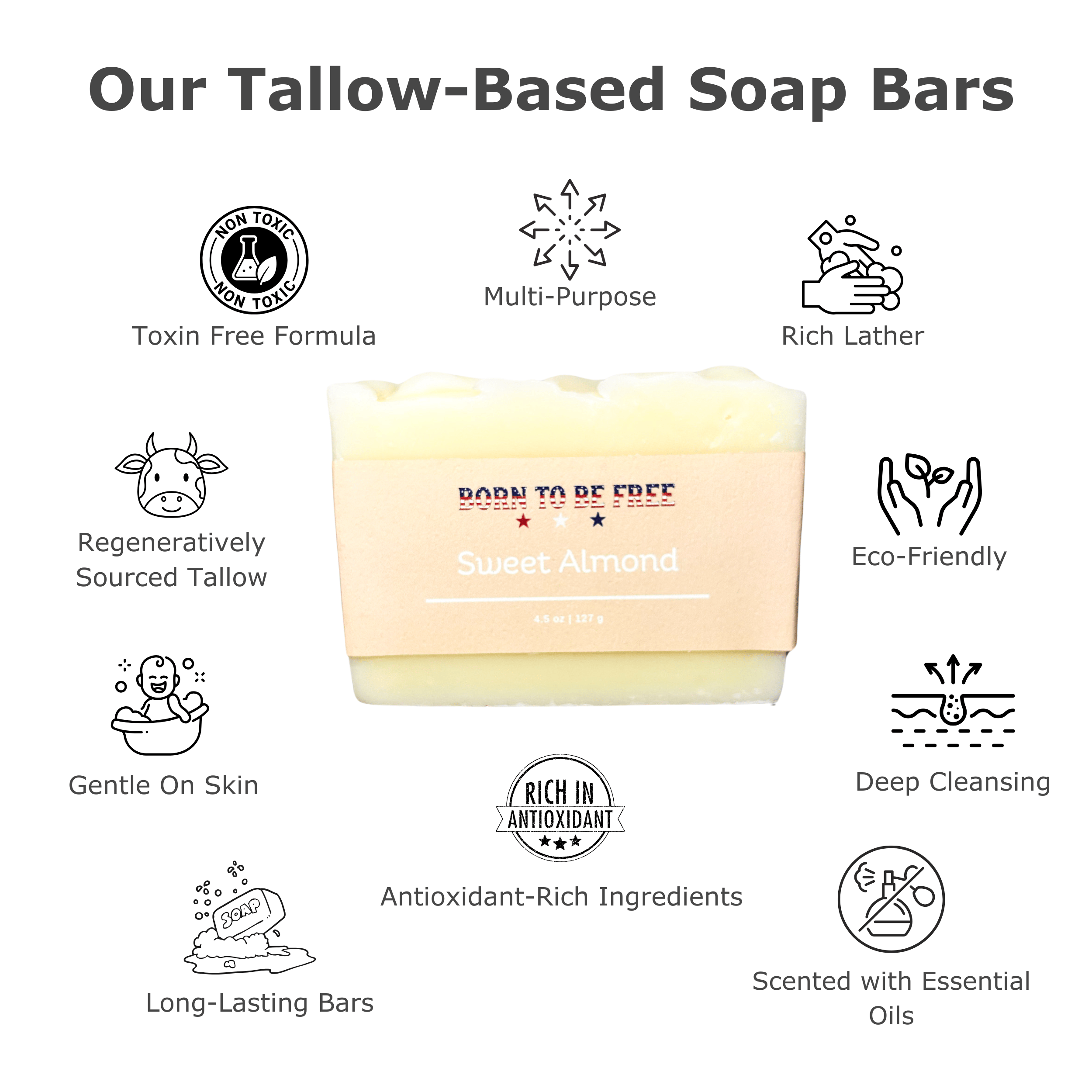 Born To Be Free Soap Sweet Almond Tallow Soap Bar