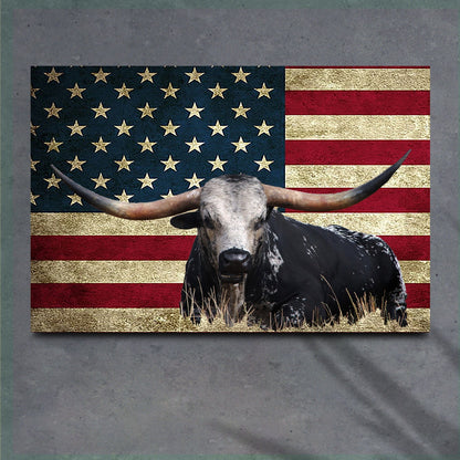 Tailored Canvases Canvas 18x12 inch Medium Premium Gallery Wrapped Longhorn Cattle American Flag Canvas Wall Art