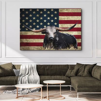 Tailored Canvases Canvas Longhorn Cattle American Flag Canvas Wall Art