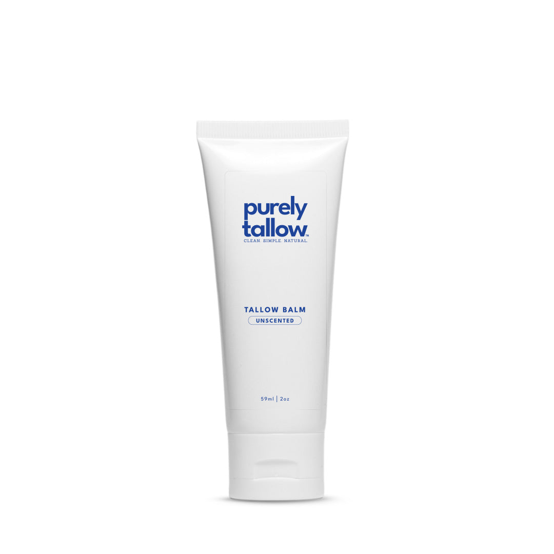 A white squeeze tube of Purely Tallow Tallow Balm Unscented on a clean white background.