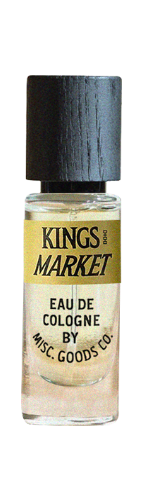 Kings Market Eau de Cologne bottle with gold label and black cap.
