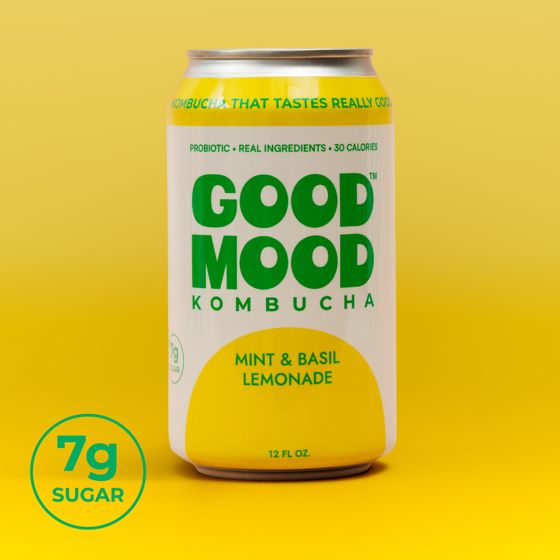 Good Mood Kombucha can with green and yellow design on a yellow background