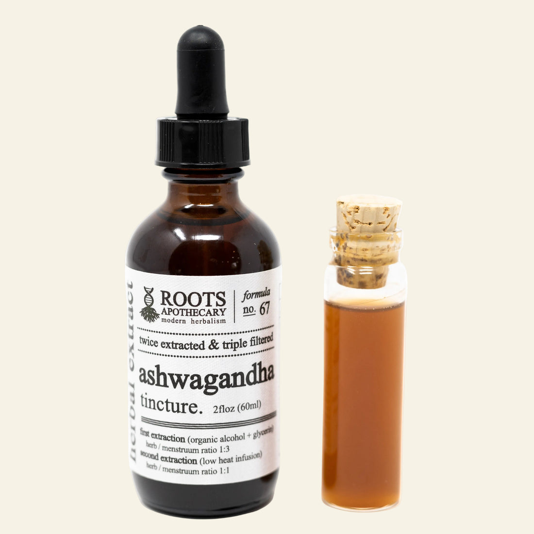 Roots Apothecary ashwagandha tincture bottle and sample on a white background
