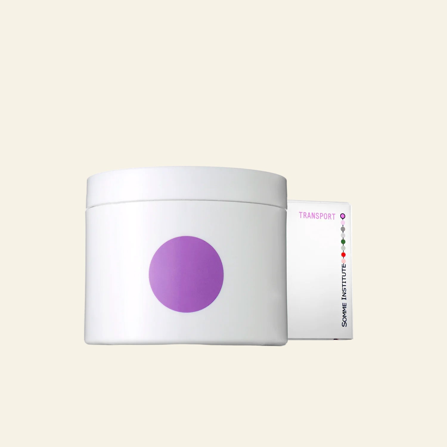 White container with a purple circle and a card labeled &