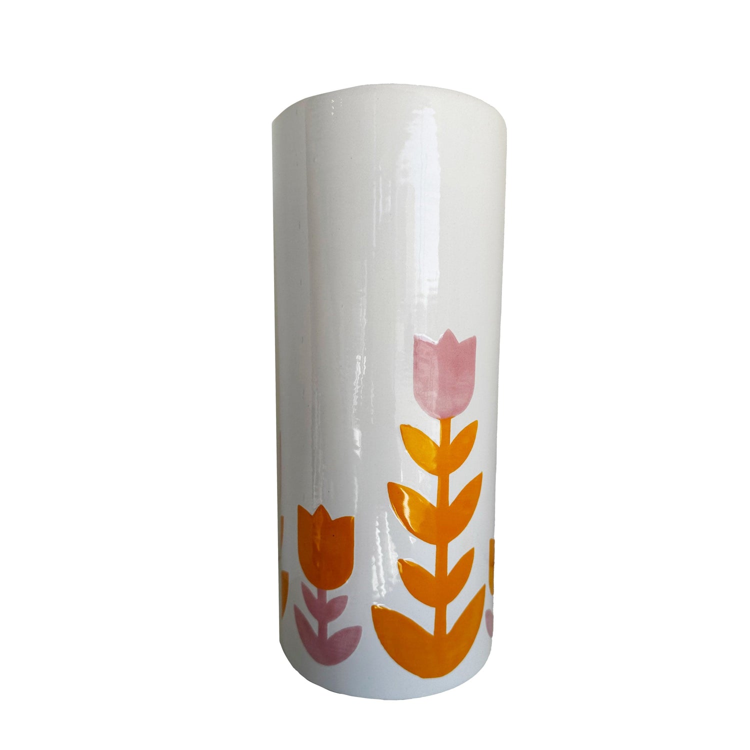 Ruby Clay Company Bright Pink and Orange Tulip Fever Column Vase