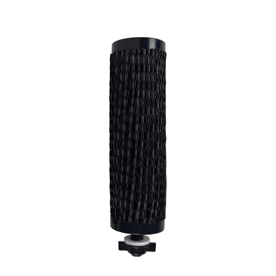 A black cylindrical air filter with a textured honeycomb pattern, featuring black plastic end caps and a mounting plug at the bottom, shown against a plain white background.