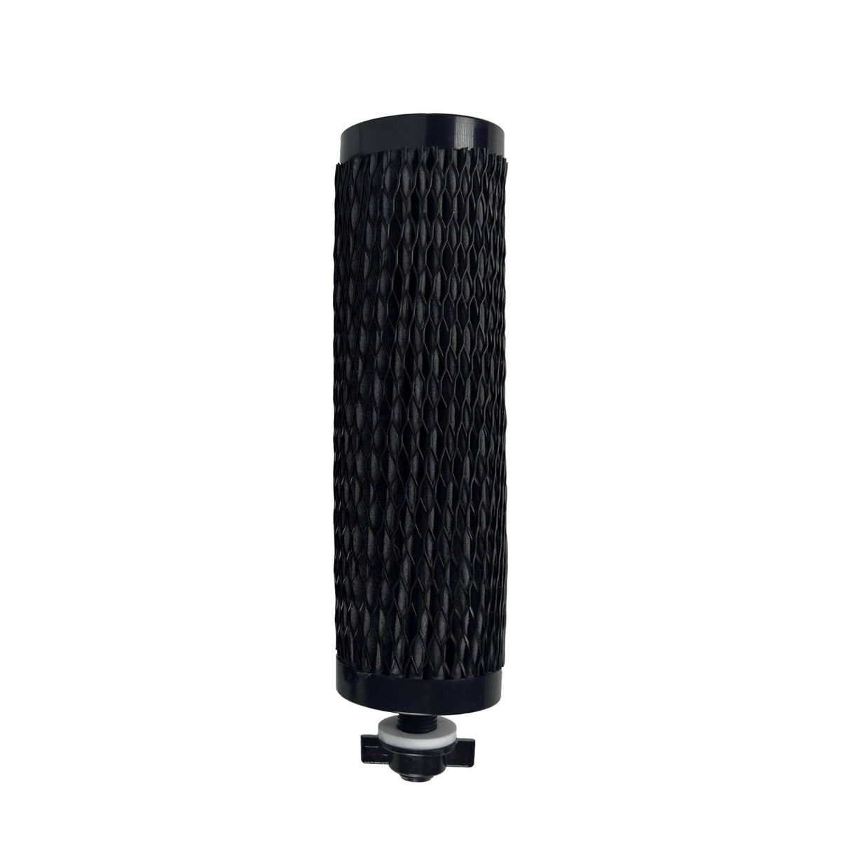 A black cylindrical air filter with a textured honeycomb pattern, featuring black plastic end caps and a mounting plug at the bottom, shown against a plain white background.