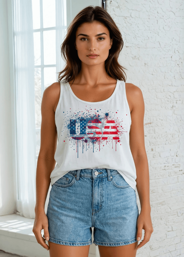 Crazy Cozy Cool Sleeveless Tops and Tanks Patriotic Paint Splatter Graphic American Flag Tank Top