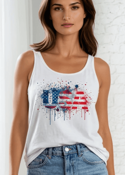 Crazy Cozy Cool Sleeveless Tops and Tanks White / USA AMERICAN FLAG / Small Patriotic Paint Splatter Graphic American Flag Tank Top