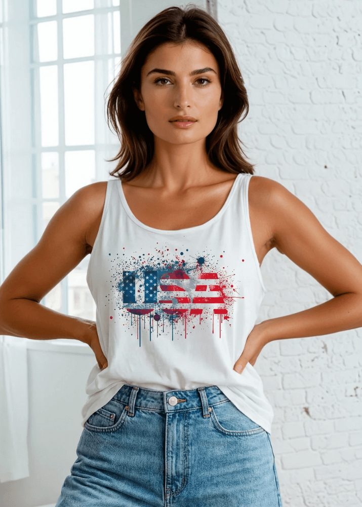 Crazy Cozy Cool Sleeveless Tops and Tanks Patriotic Paint Splatter Graphic American Flag Tank Top