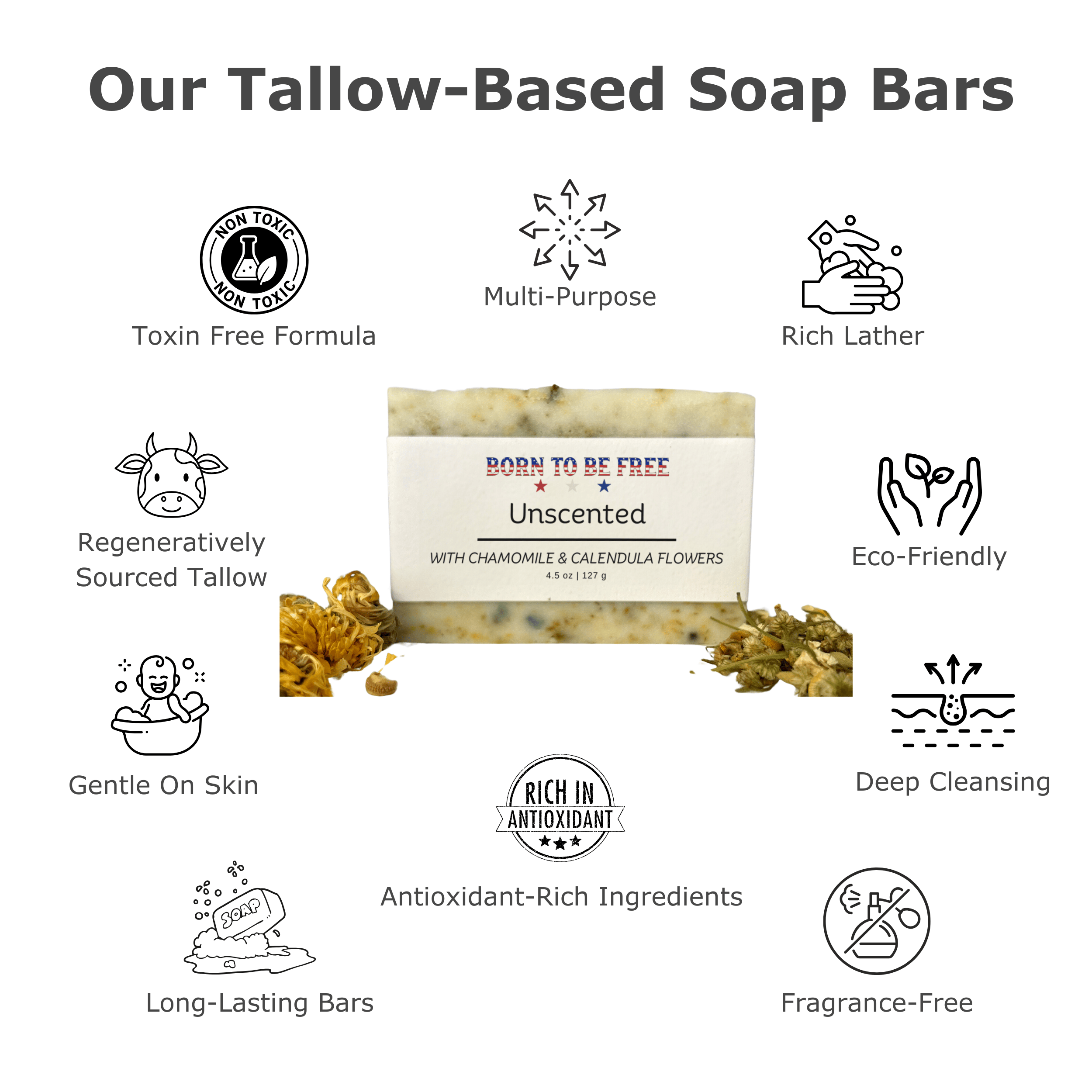 Born To Be Free Soap Dried Chamomile &amp; Calendula Unscented Tallow Soap Bar