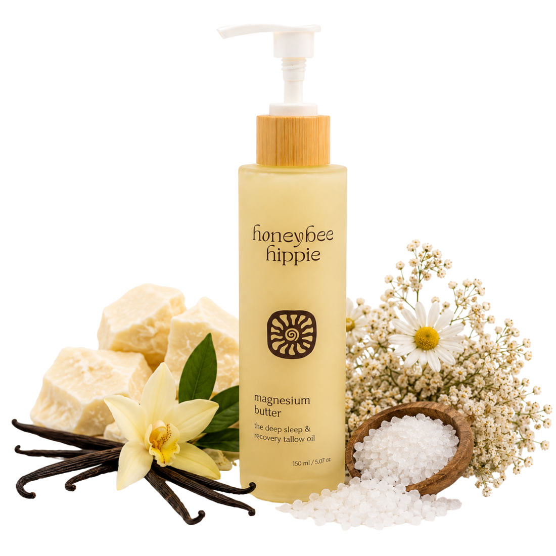 Honeybee Hippie magnesium butter product with vanilla beans, flowers, and salt on a white background