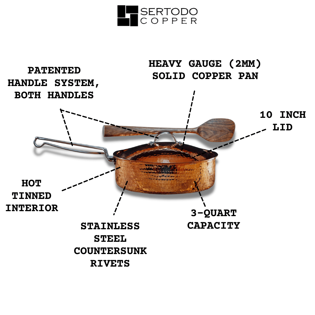 Sertodo Pots &amp; Pans Copper Saute Pan With Lid, 3 quart