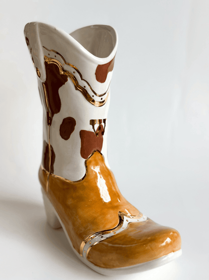 Ruby Clay Company Chocolate Monogrammed Two Tone Cow Print Cowboy Boot Vase
