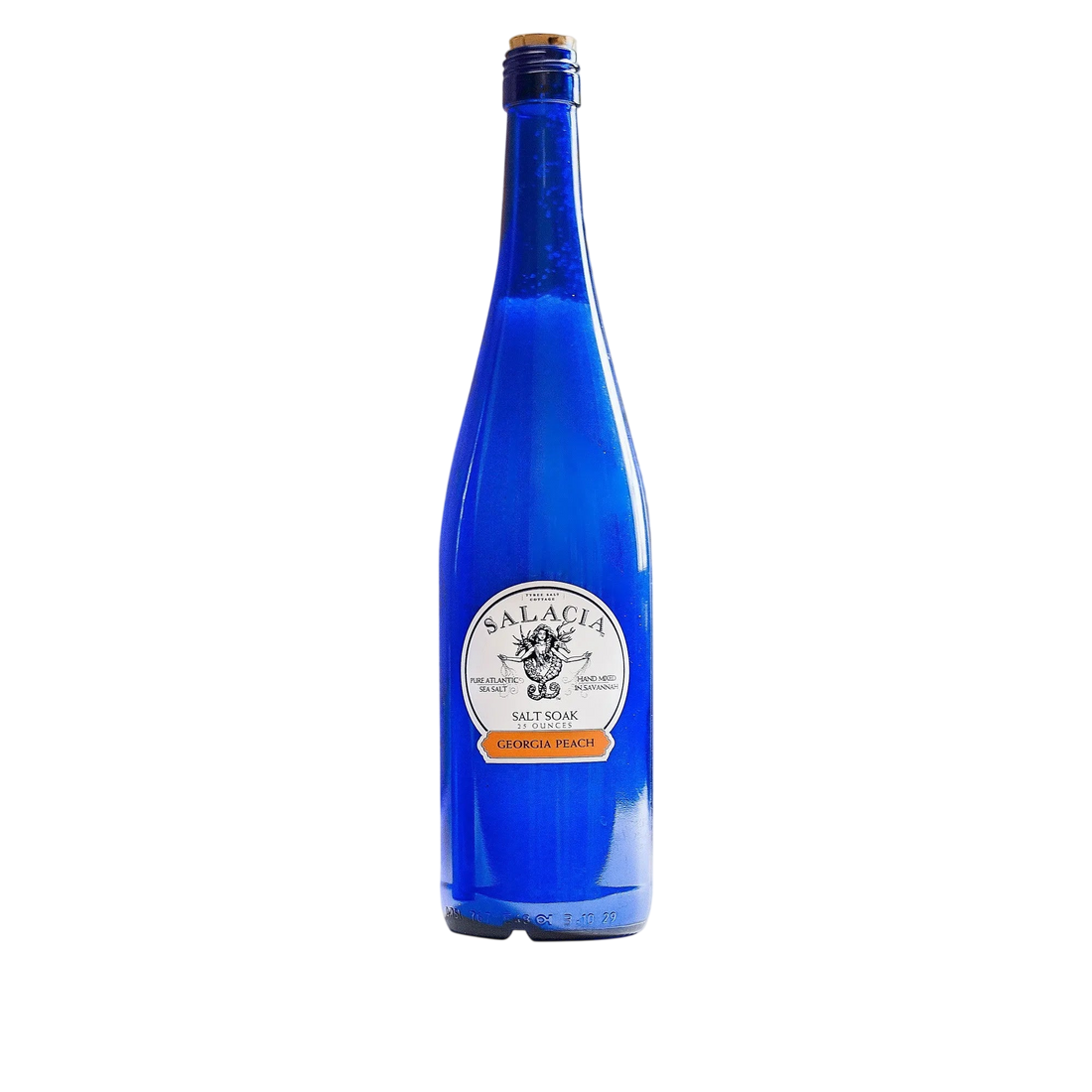 Blue bottle with a label on a white background