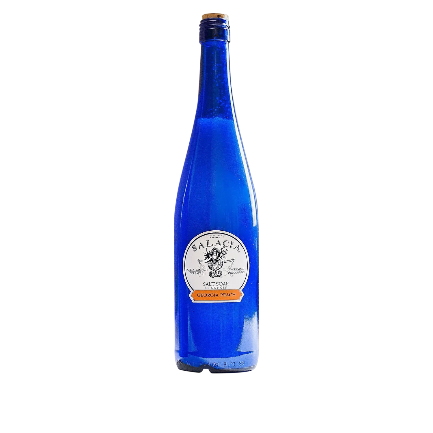 Blue bottle with a label on a white background