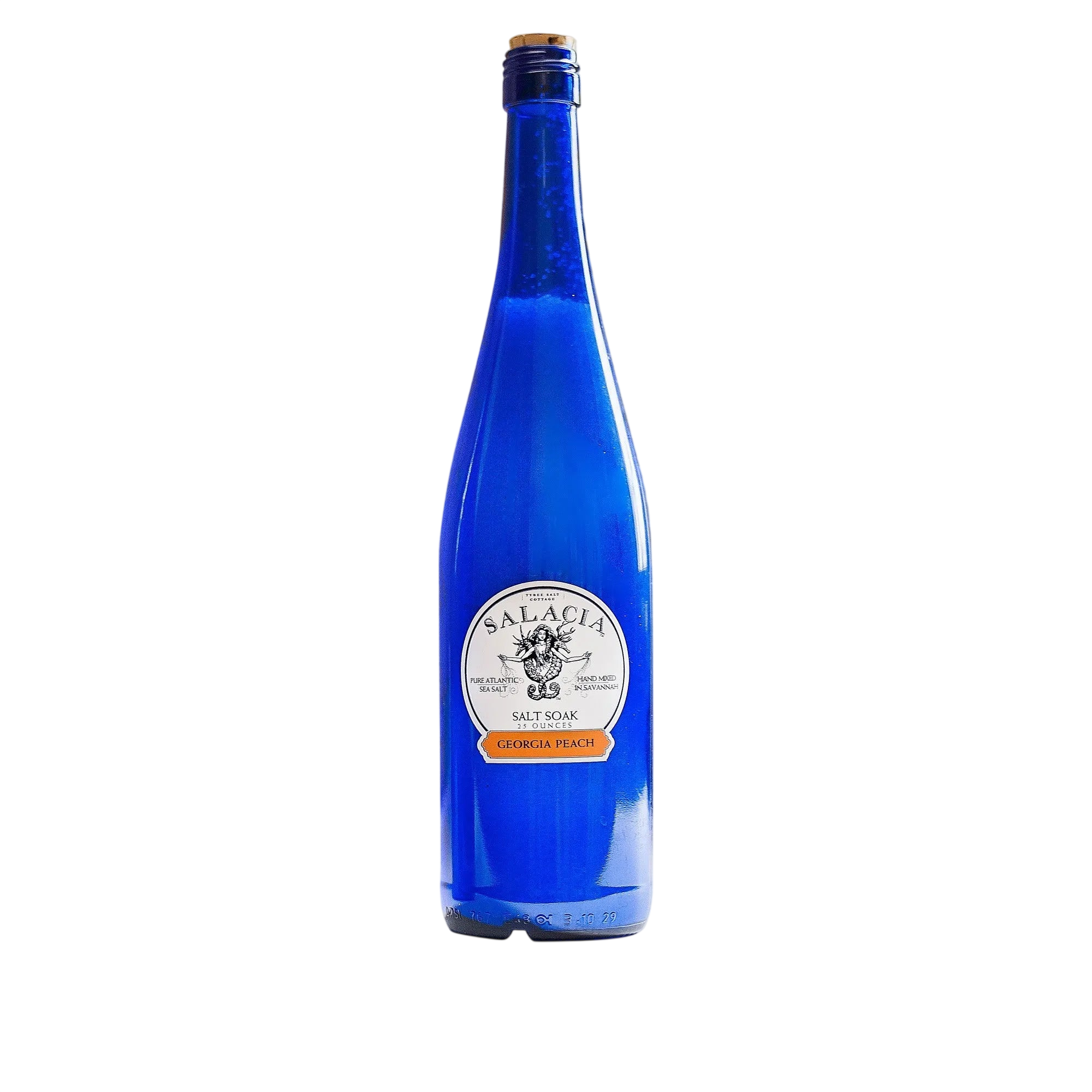 Blue bottle with a label on a white background