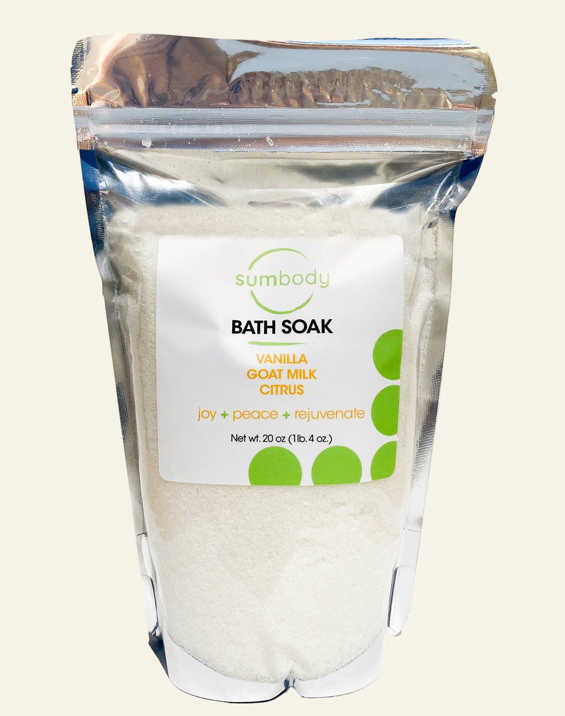 Sumbaby bath soak package with a white label on a white background