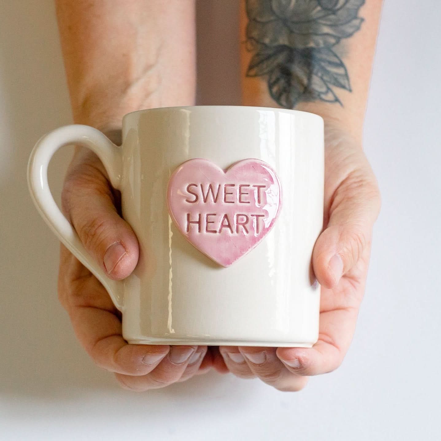 prodigalpottery Ceramic Pink "Sweet Heart" / Cabin 11oz Candy Heart Mug