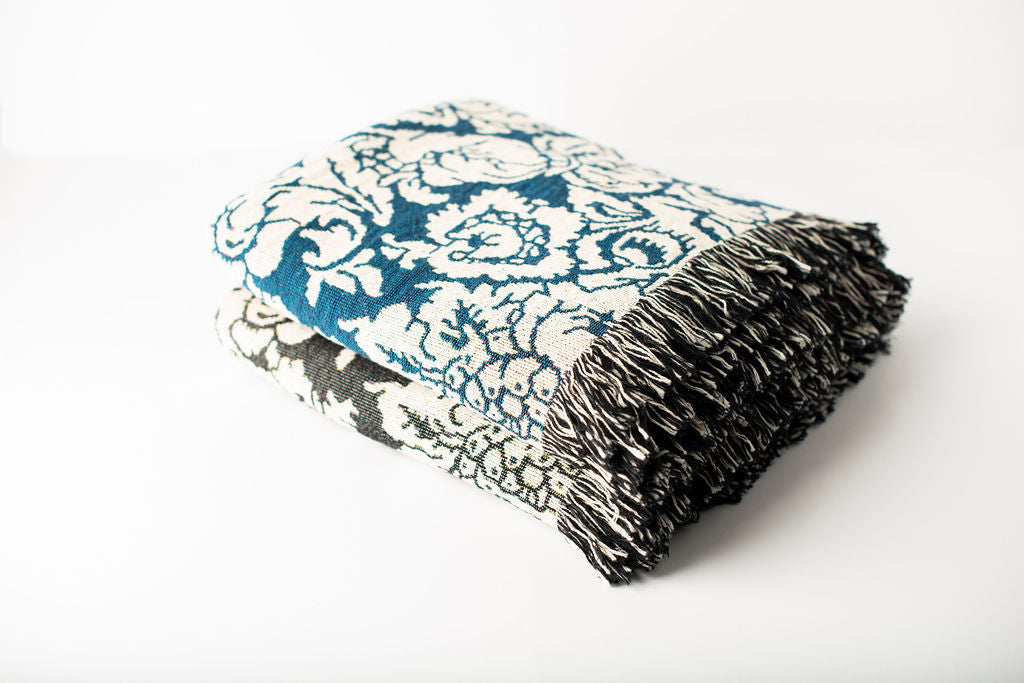 Verona Cerulean Blue Damask Cotton Throw Blanket