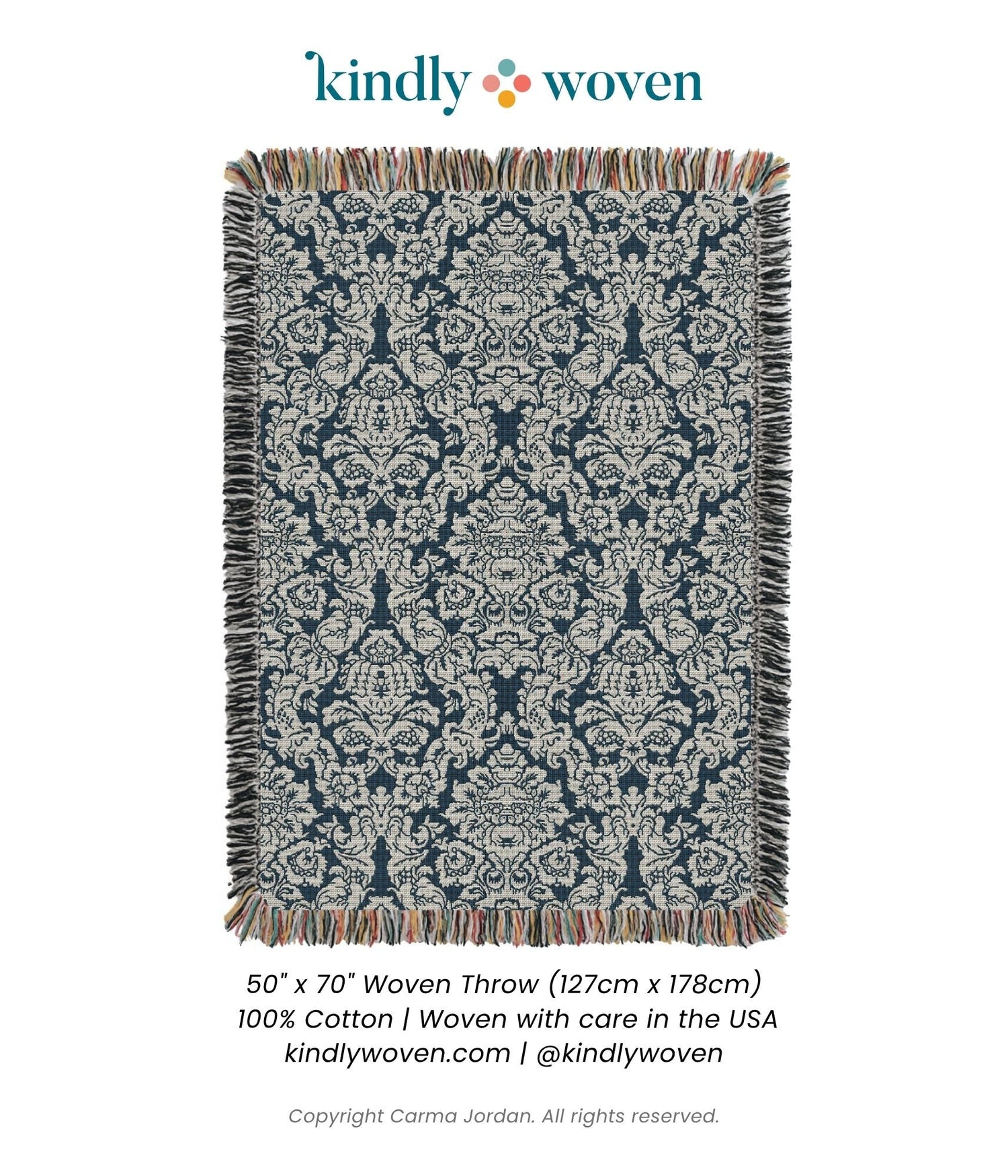 Verona Cerulean Blue Damask Cotton Throw Blanket