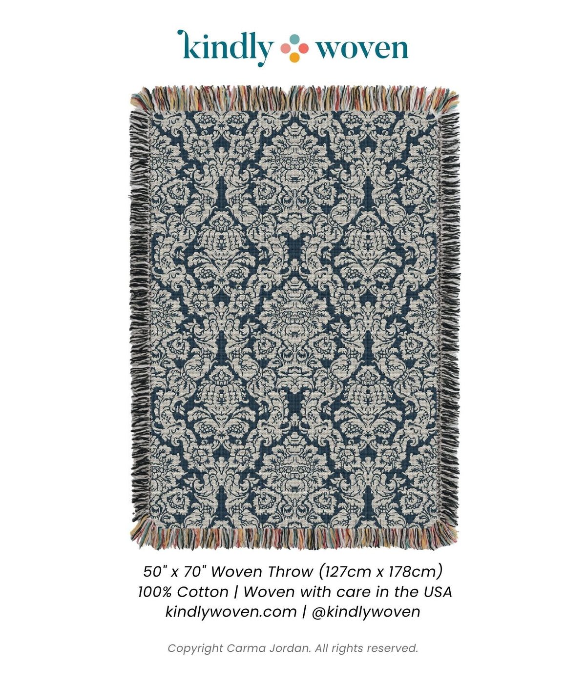 Verona Cerulean Blue Damask Cotton Throw Blanket