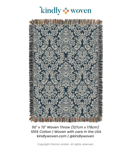 Verona Cerulean Blue Damask Cotton Throw Blanket