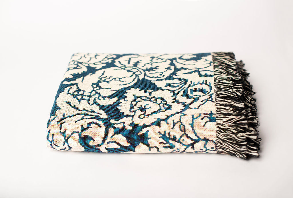 Verona Cerulean Blue Damask Cotton Throw Blanket