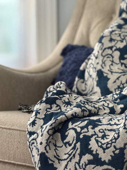 Verona Cerulean Blue Damask Cotton Throw Blanket