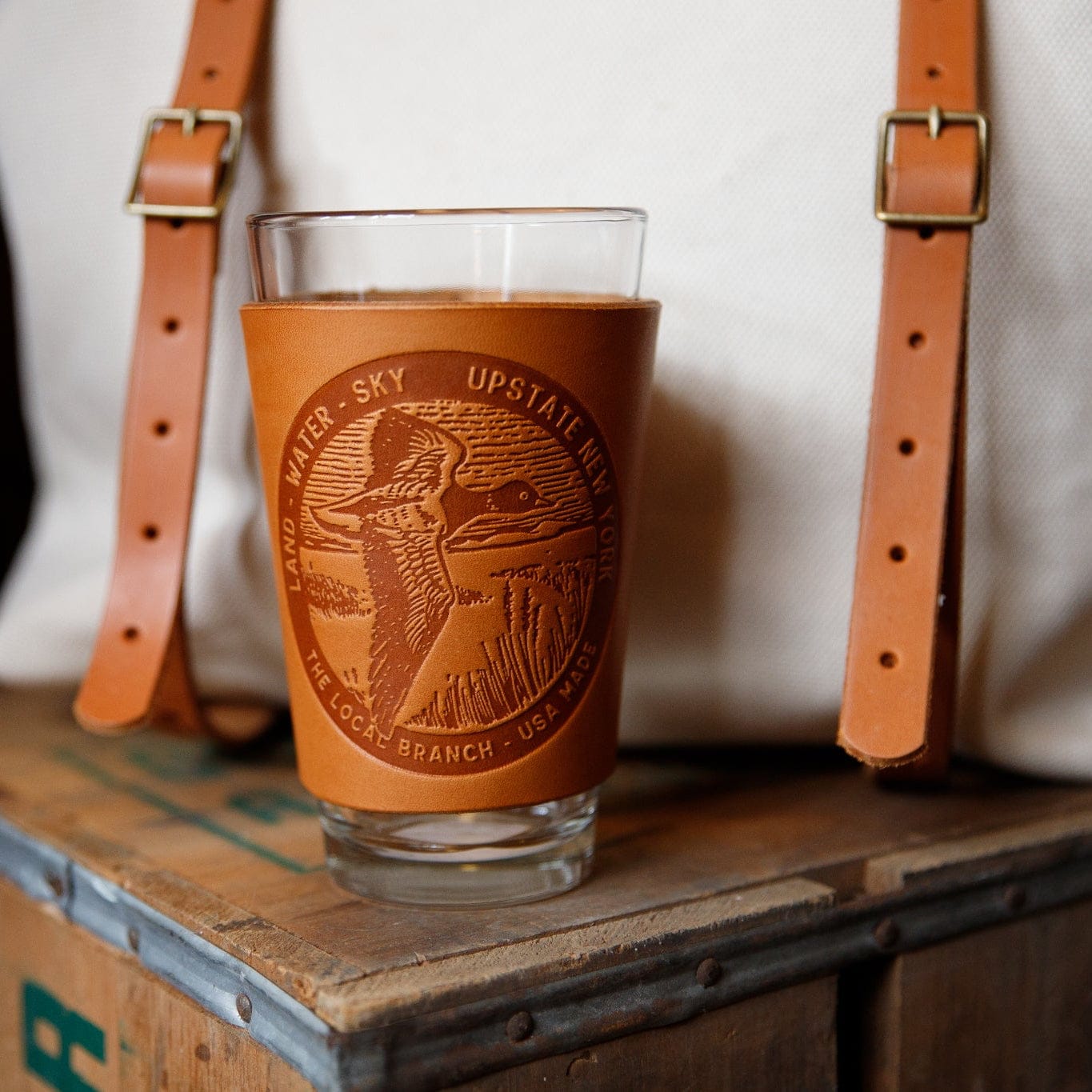 The Local Branch Leather Vintage Mallard / Caramel Leather Pint Glass  - USA Made