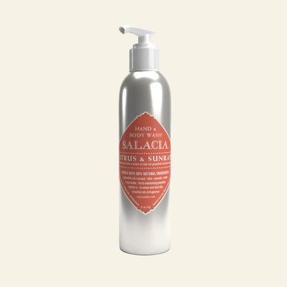 Silver bottle of Salacia hand and body wash on a white background