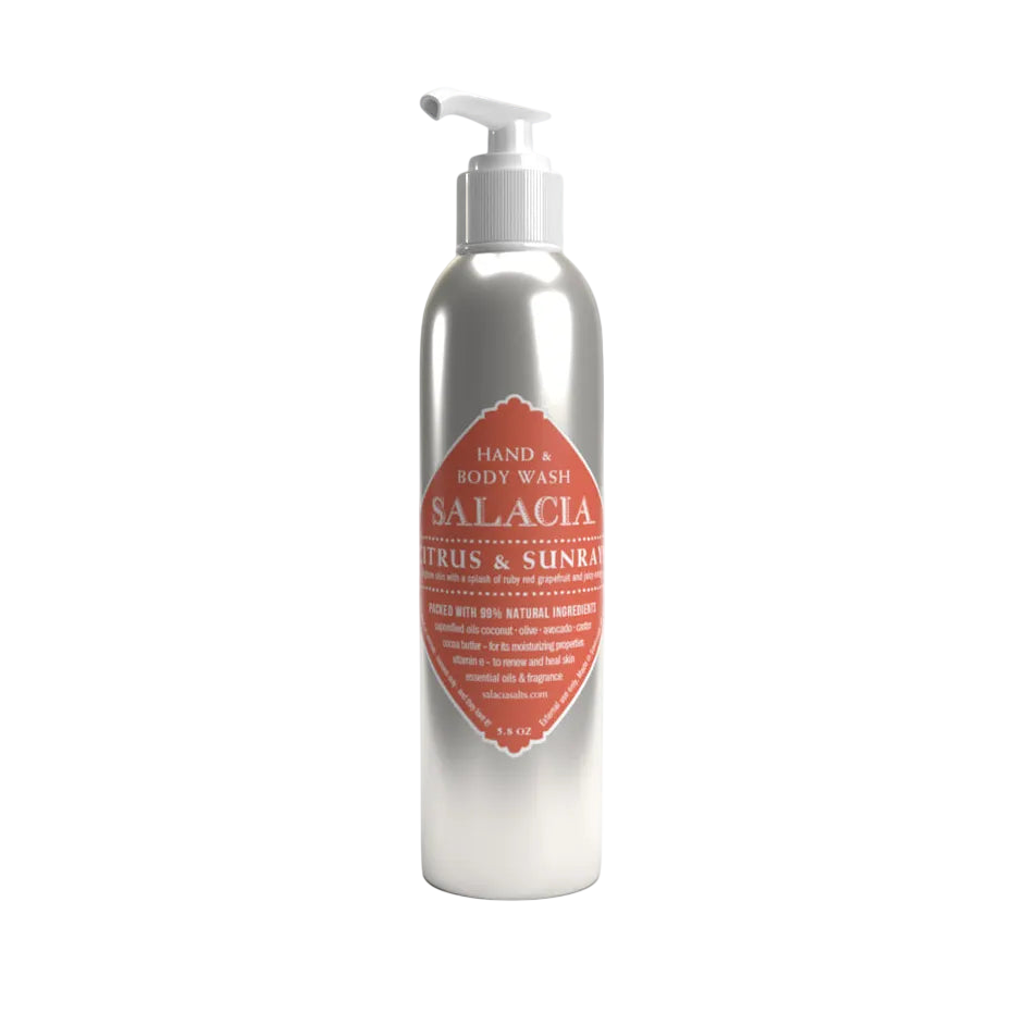 Silver bottle of Salacia hand and body wash on a white background