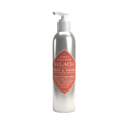 Silver bottle of Salacia hand and body wash on a white background