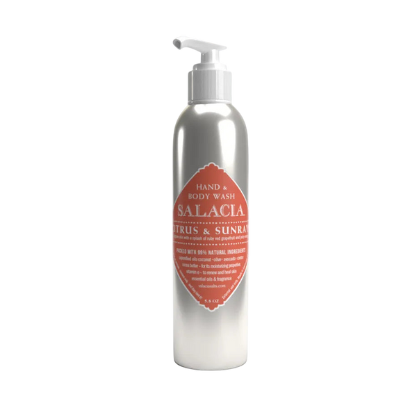 Silver bottle of Salacia hand and body wash on a white background
