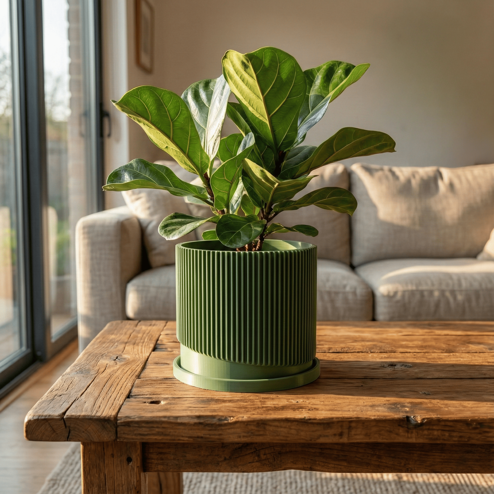 Rosebud HomeGoods Green / 4 Inch + Drip Tray Mid-Century Ribbed Planter with Drainage and Saucer in Multiple Colors, 3D Printed Planter with Unique Modern Design, Lightweight, Wave